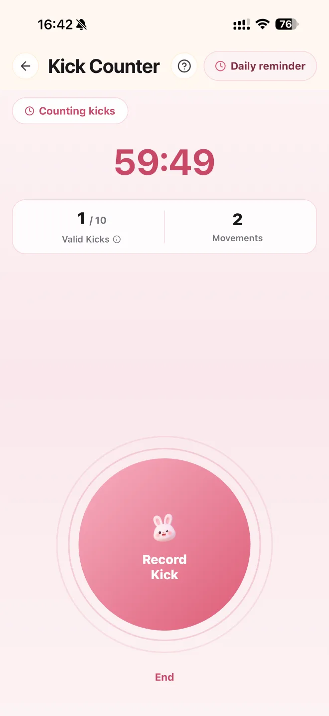 Week-by-week growth, upcoming checkups, kicks, contractions, weight, notes, and belly photos.